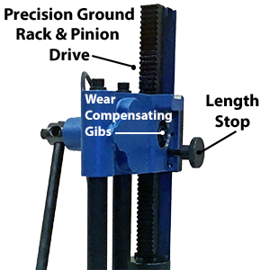 Precision Ground Rack and Pinion Drive, Wear Compensating Gibs, Length Stop